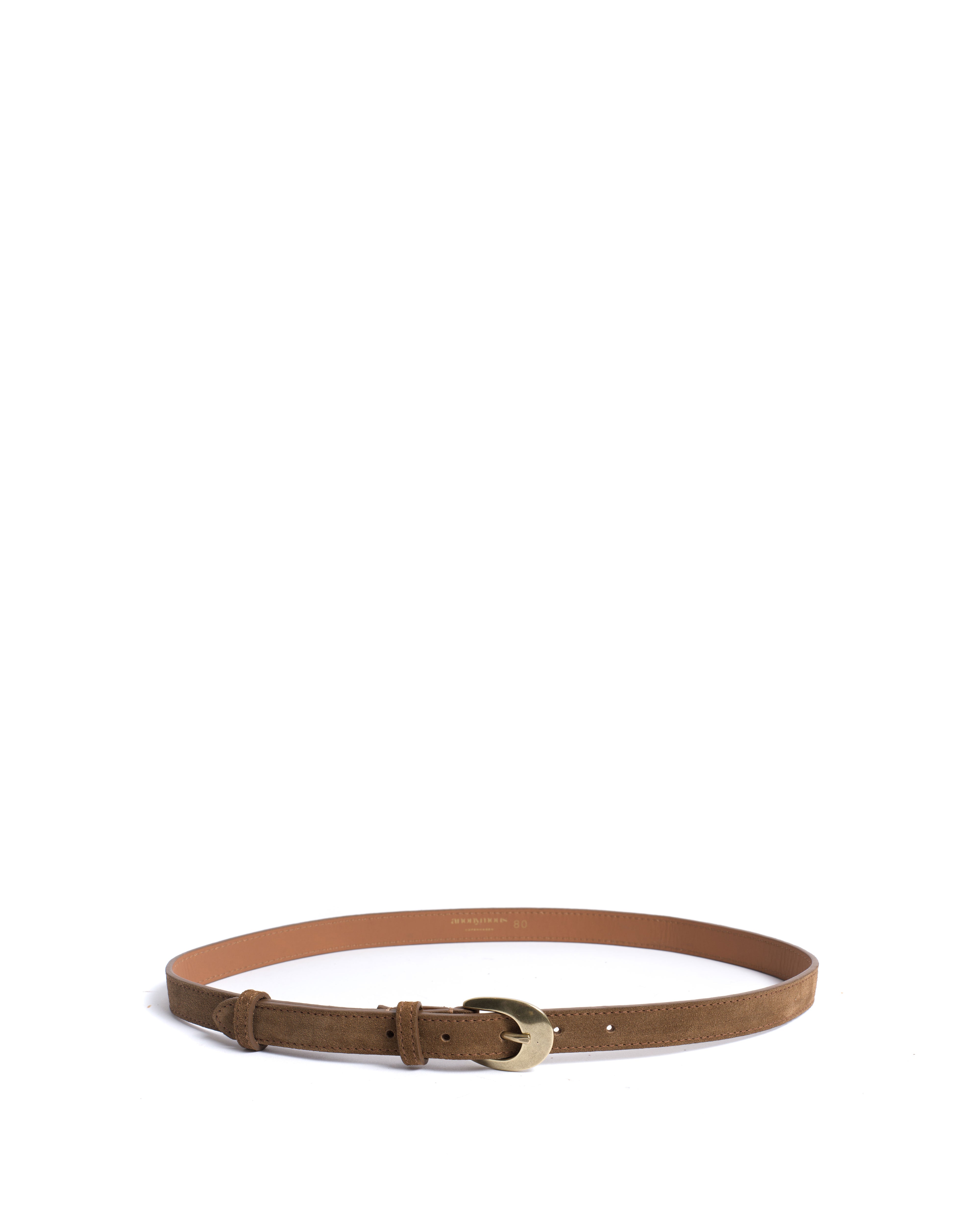 Aris unisex leather belt Calf suede & metal Cinnamon & gold buckle