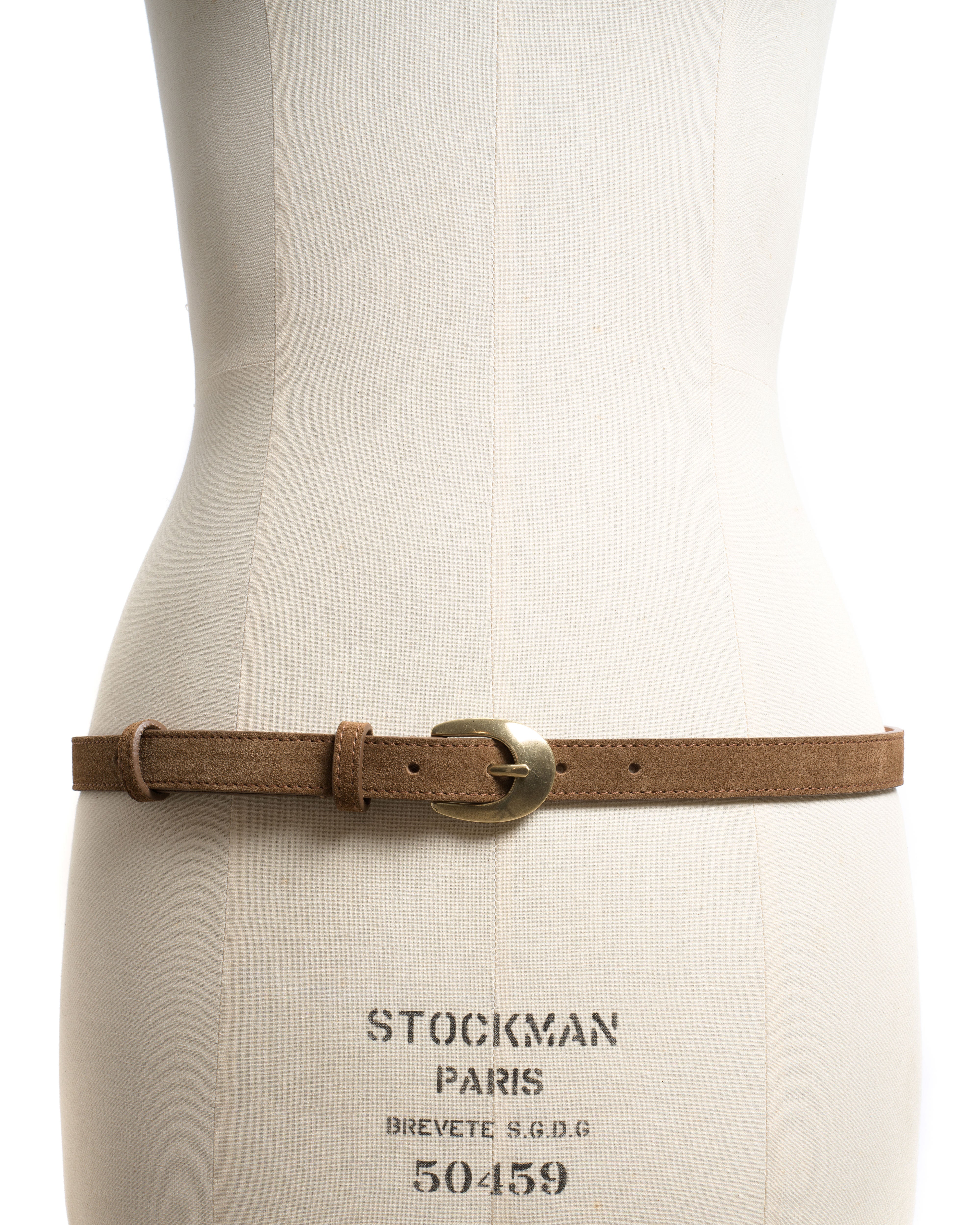 Aris unisex leather belt Calf suede & metal Cinnamon & gold buckle