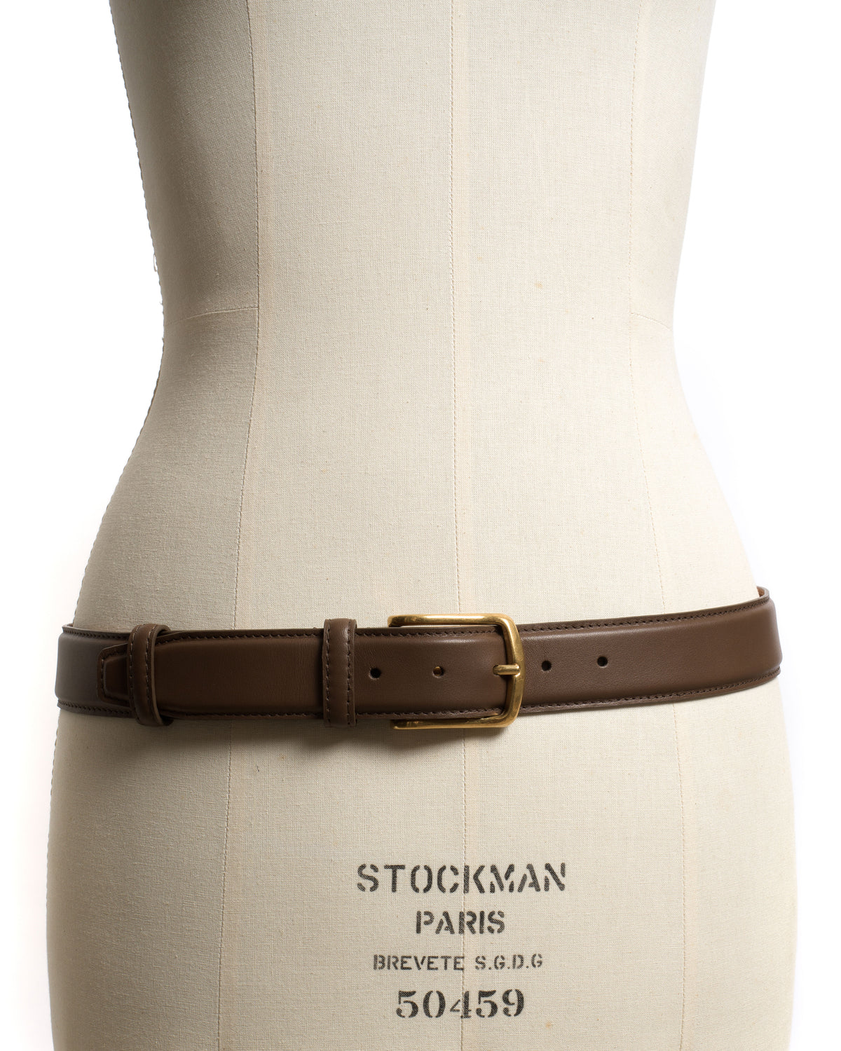Quinn classic unisex leather belt Soft calf & metal Dark taupe & gold buckle
