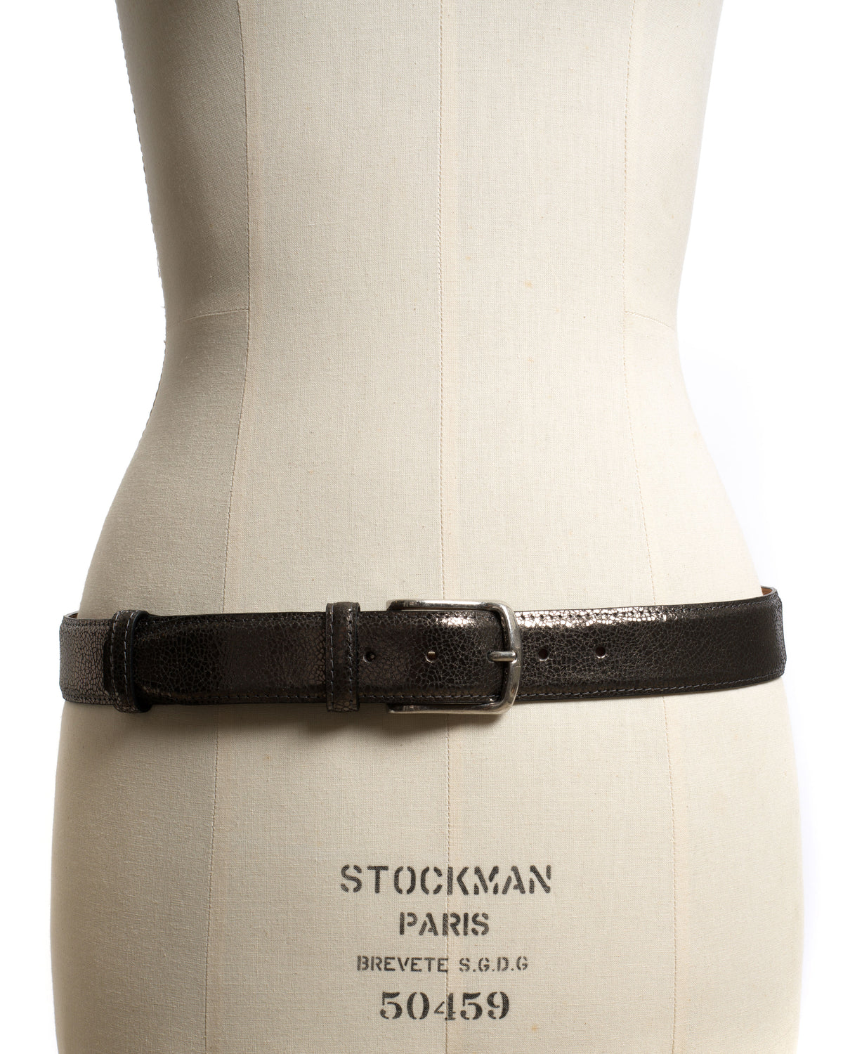 Quinn classic unisex leather belt Crackled metallic goat & metal Platinum & silver buckle