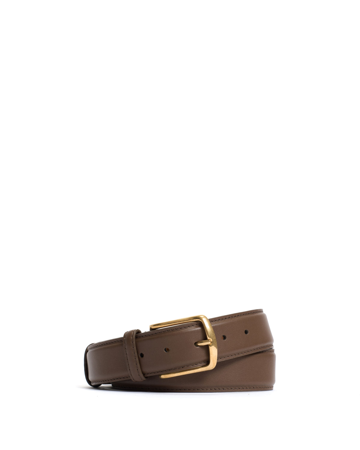 Quinn classic unisex leather belt Soft calf & metal Dark taupe & gold buckle