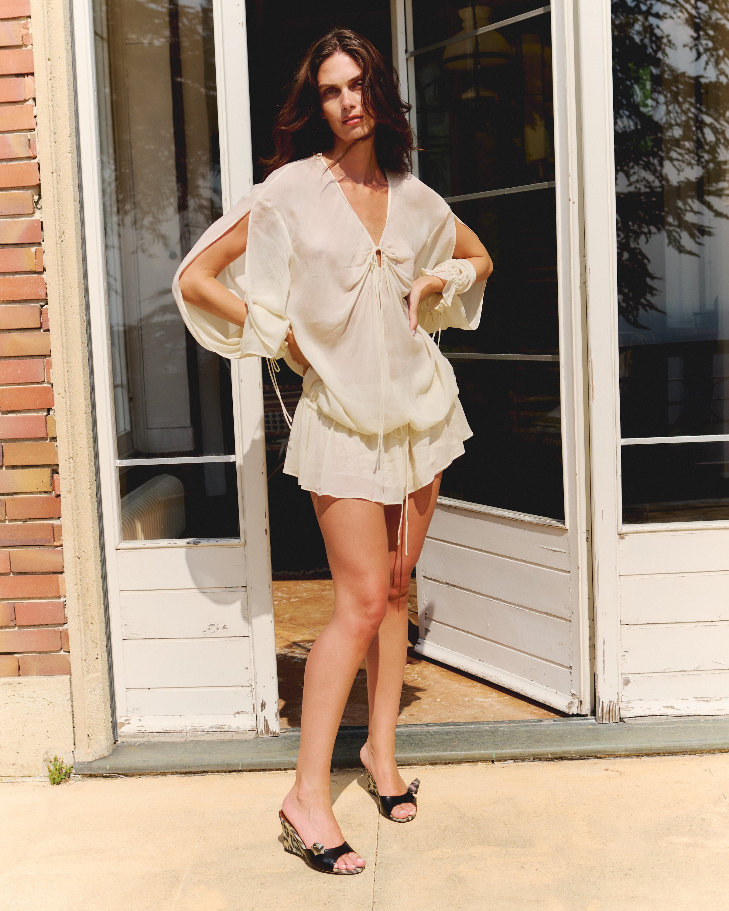 Gwen 75 wedge Shiny lamb & satin print Black & multicolor leopard