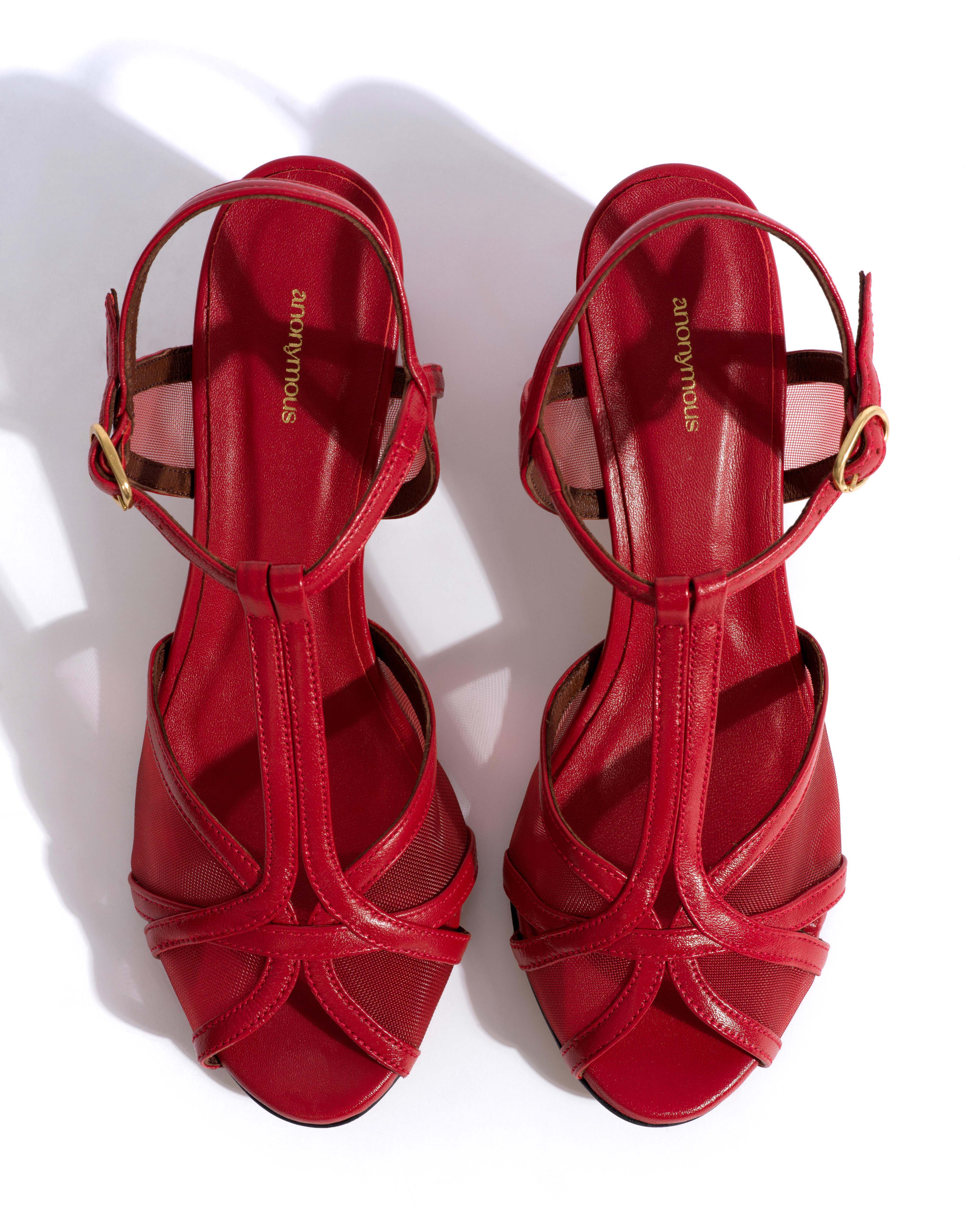 Therese 55 block mesh Shiny lamb & mesh Ruby red