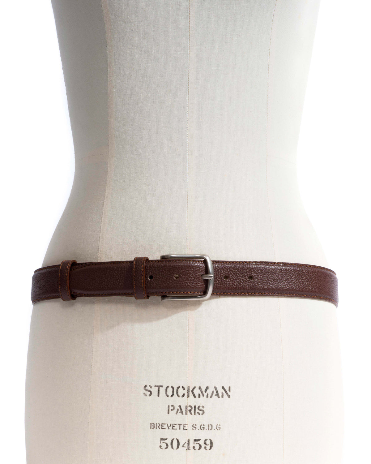 Quinn classic unisex leather belt Pebbled soft calf & metal Coffee brown & silver buckle
