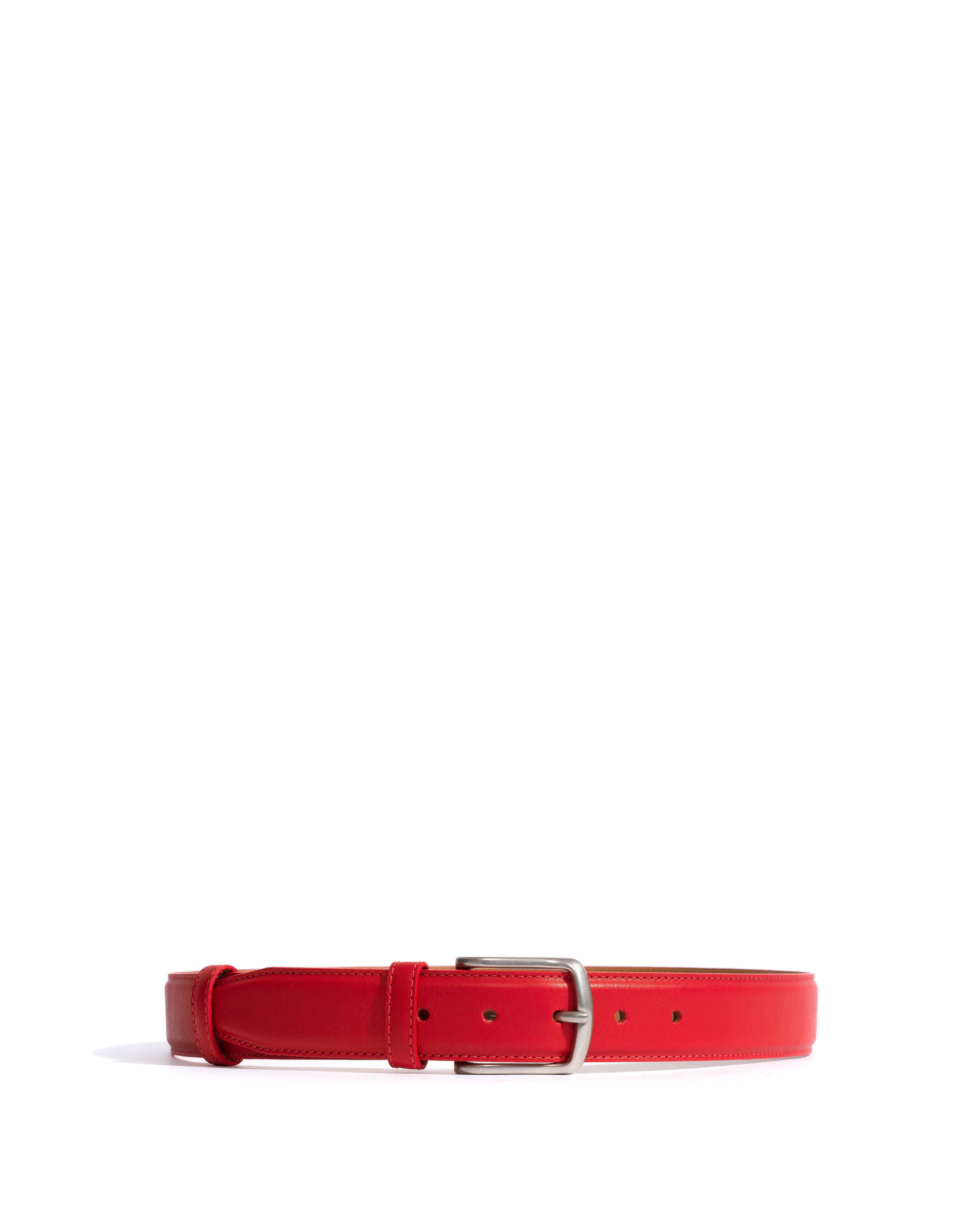 Quinn classic unisex leather belt Soft calf & metal Ruby red & silver buckle