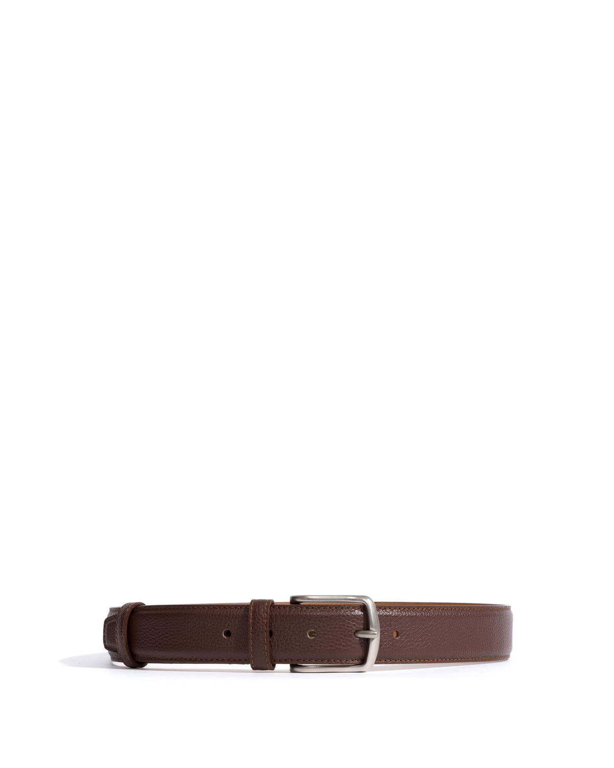 Quinn classic unisex leather belt Pebbled soft calf & metal Coffee brown & silver buckle