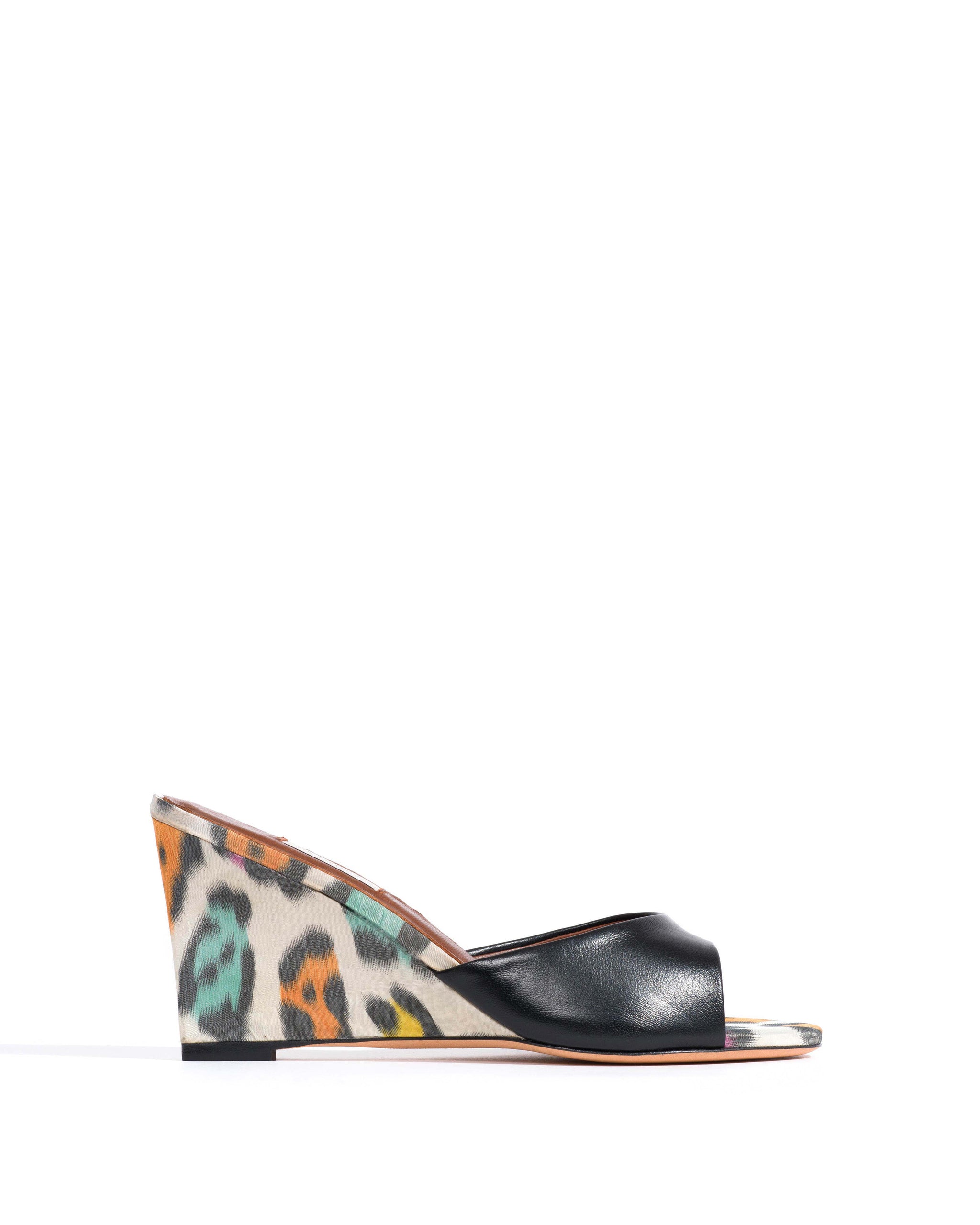 Gwen 75 wedge Shiny lamb & satin print Black & multicolor leopard - Anonymous Copenhagen Heels