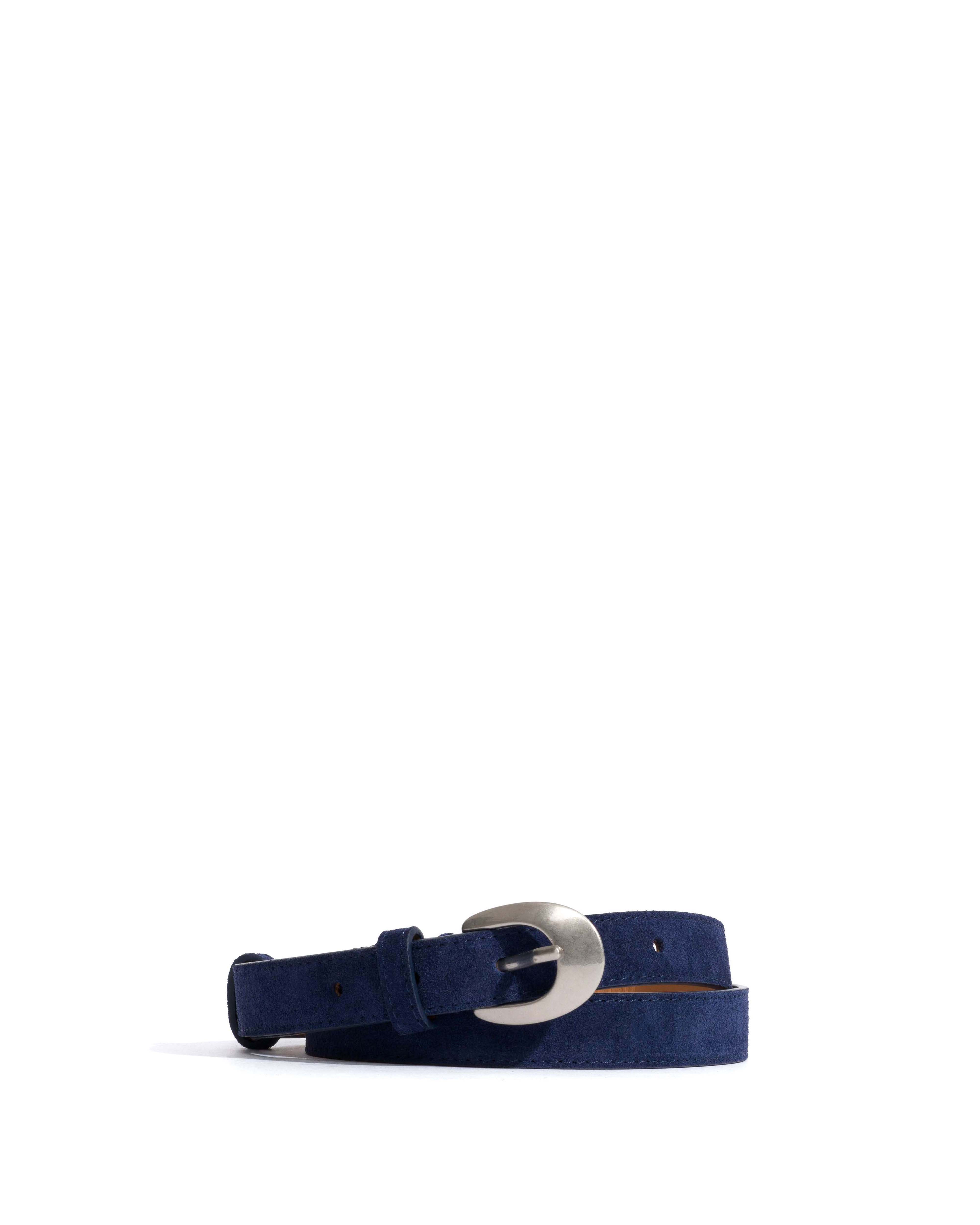 Aris unisex leather belt Calf suede & metal Ink blue & silver buckle