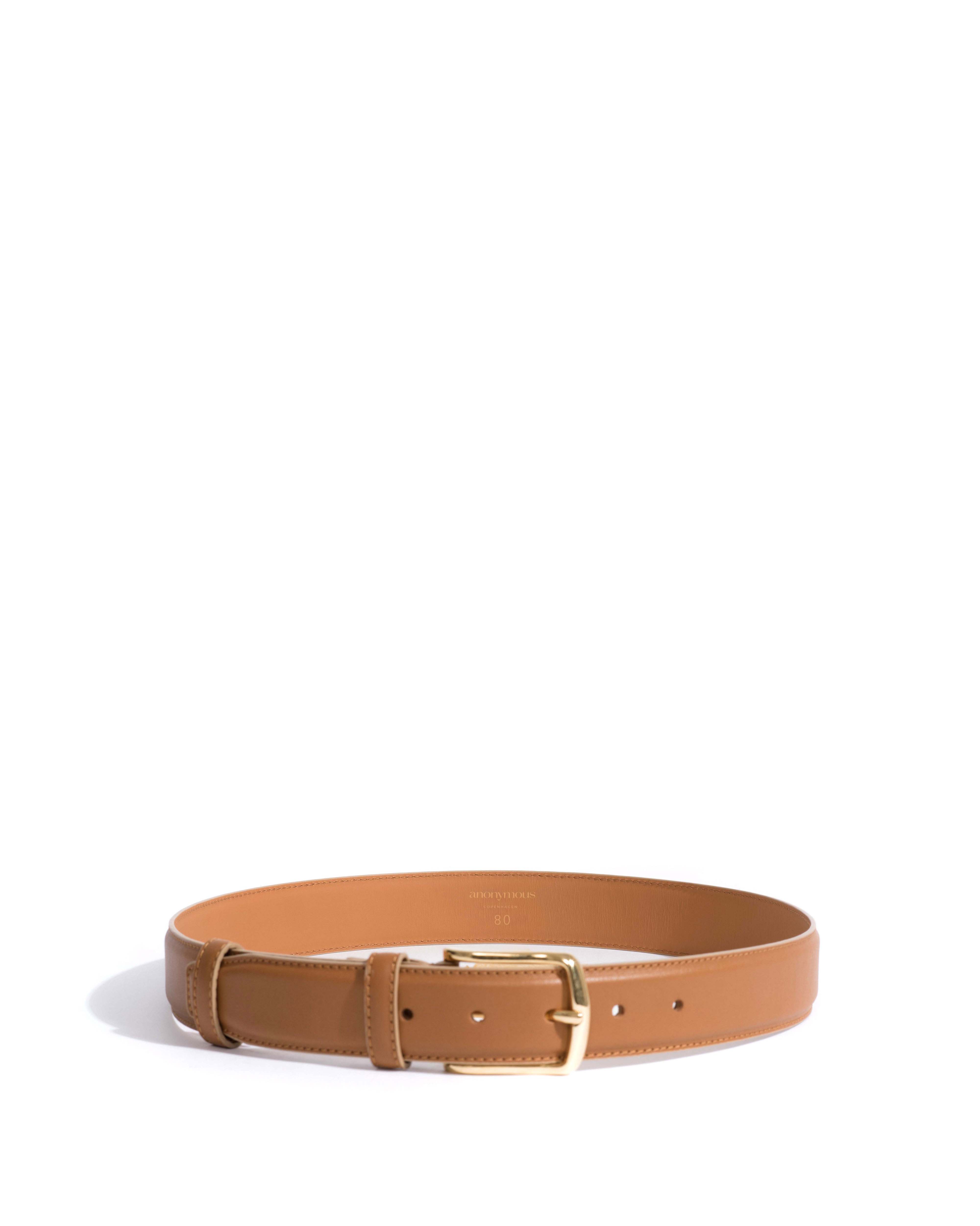 Quinn classic unisex leather belt Soft calf & metal Camel & gold buckle