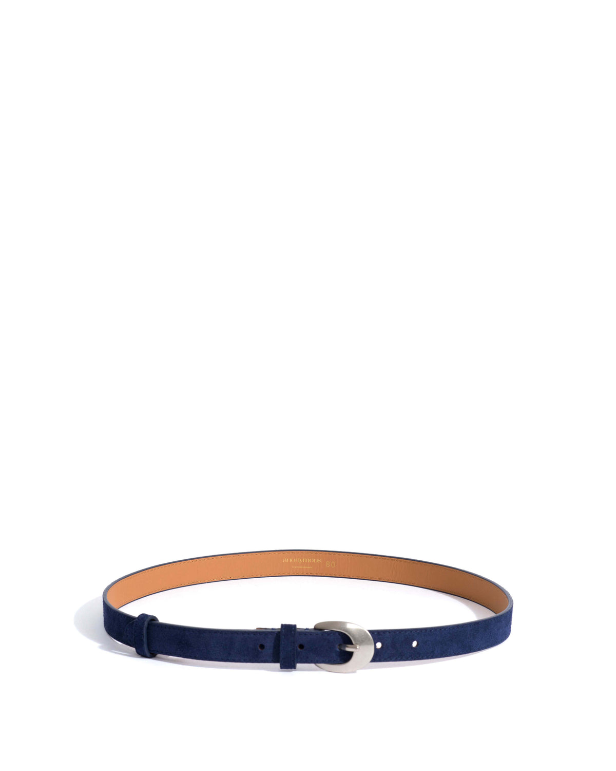 Aris unisex leather belt Calf suede & metal Ink blue & silver buckle