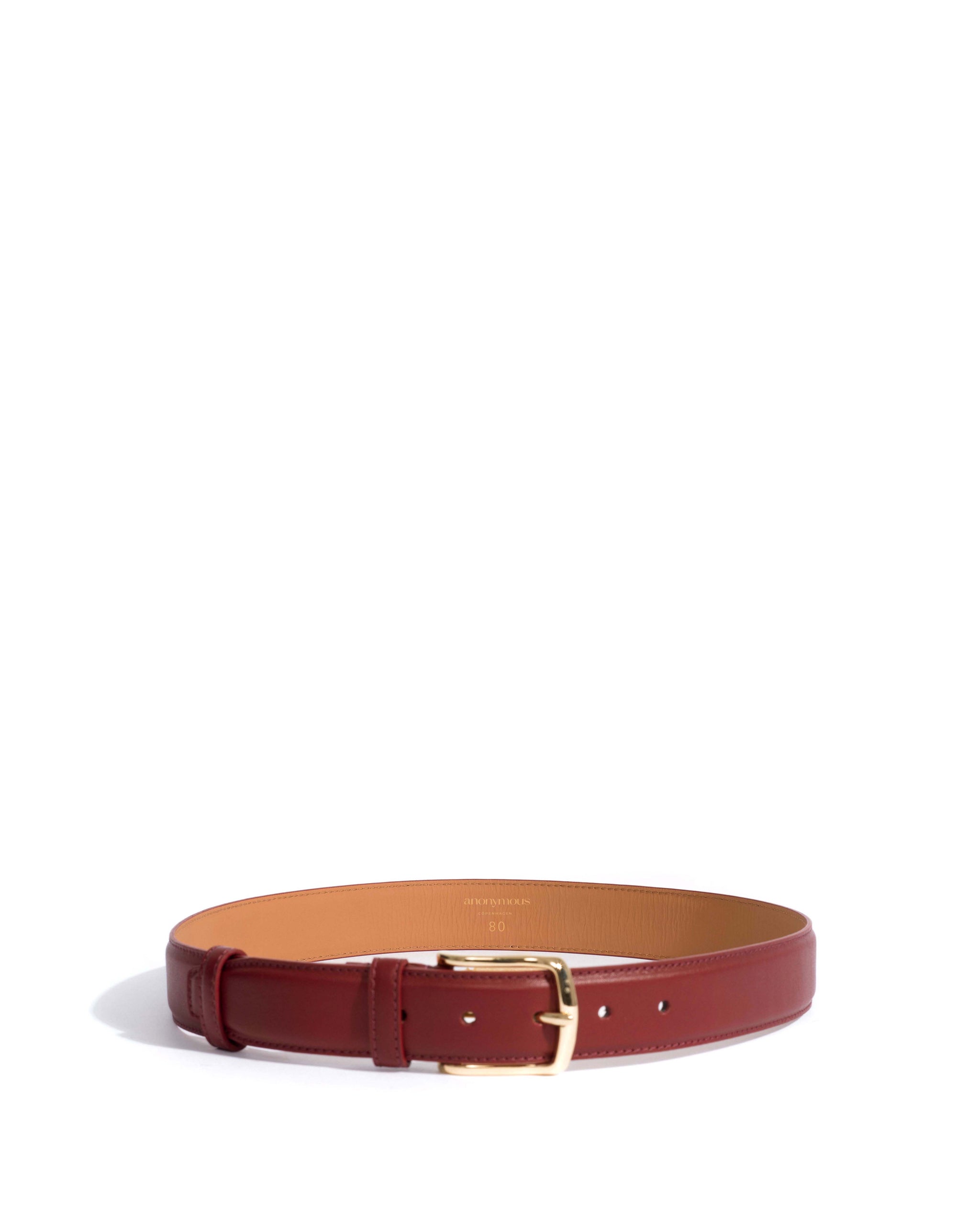 Quinn classic unisex leather belt Soft calf & metal Pomegranate & gold buckle - Anonymous Copenhagen Belts