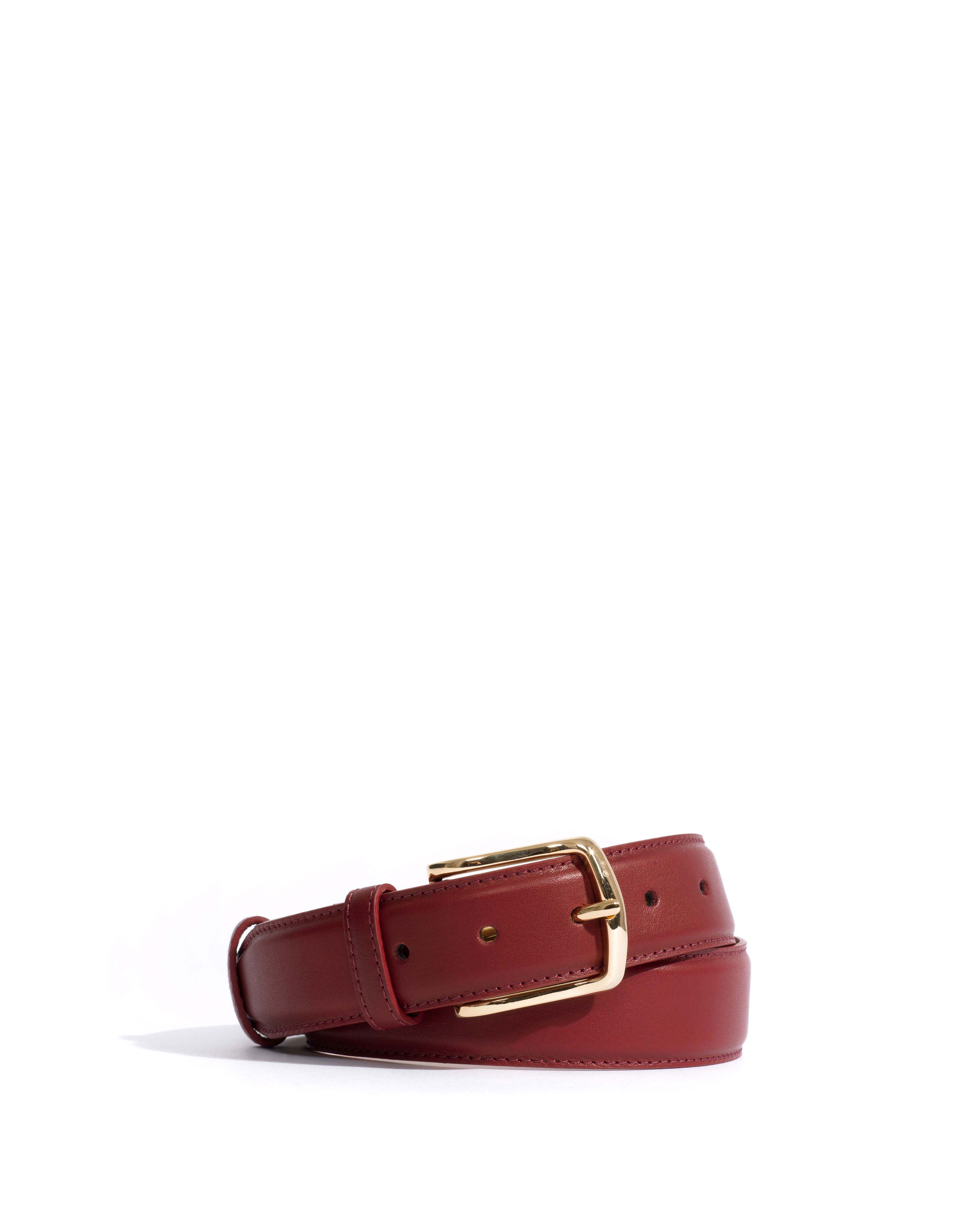 Quinn classic unisex leather belt Soft calf & metal Pomegranate & gold buckle