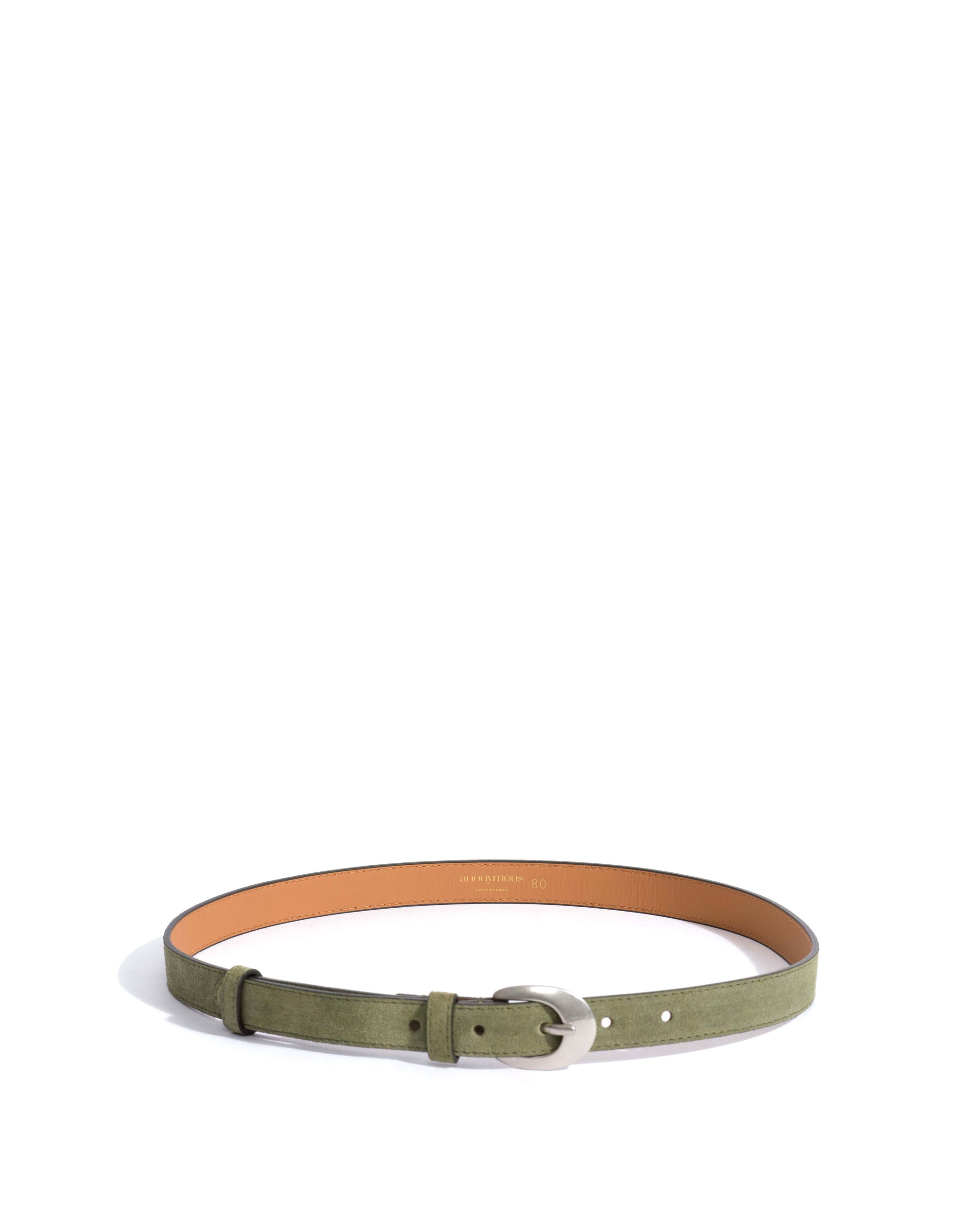 Aris unisex leather belt Calf suede & metal Olive green & silver buckle