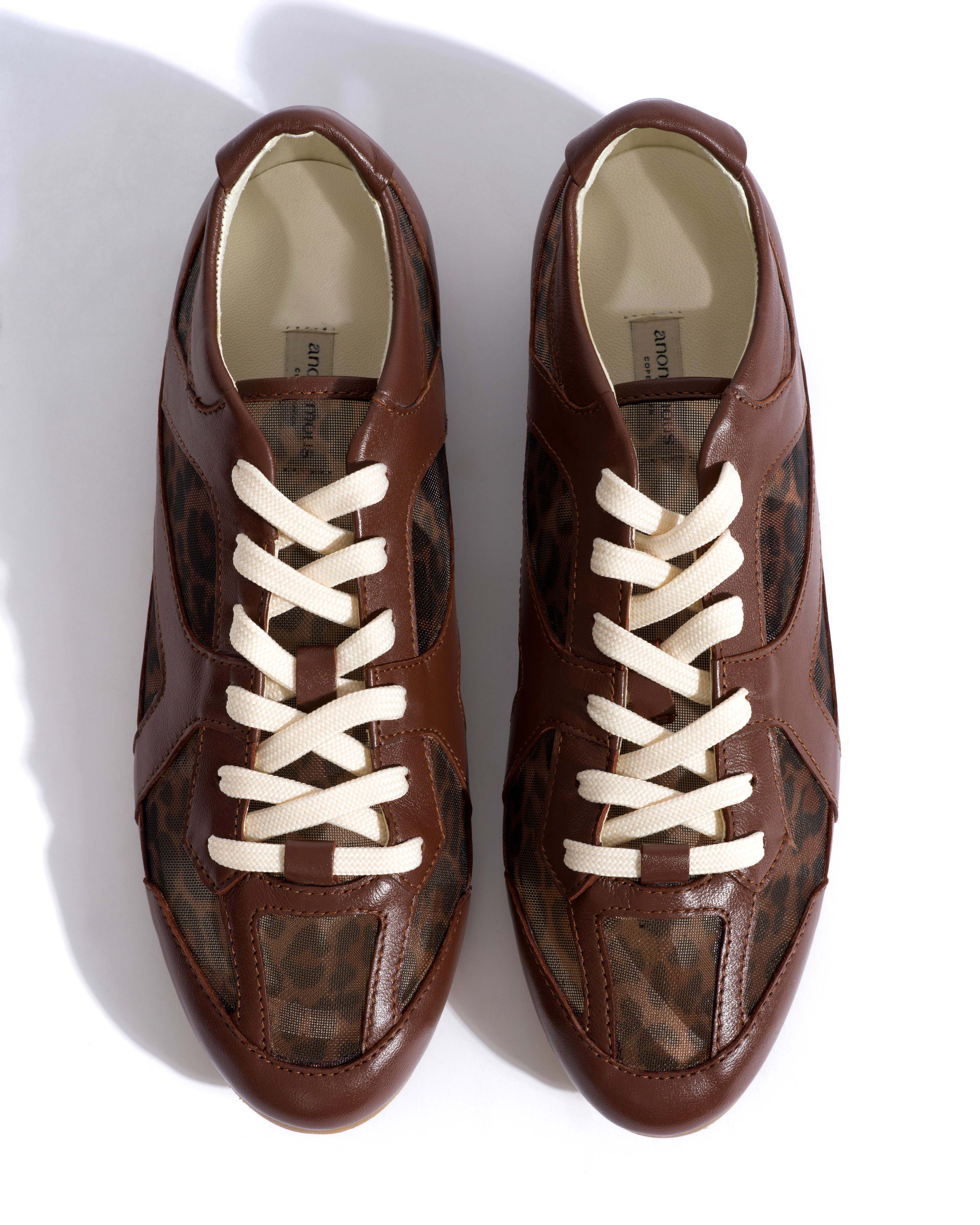 Sneakerina Shiny lamb & mesh Chocolate & leopard