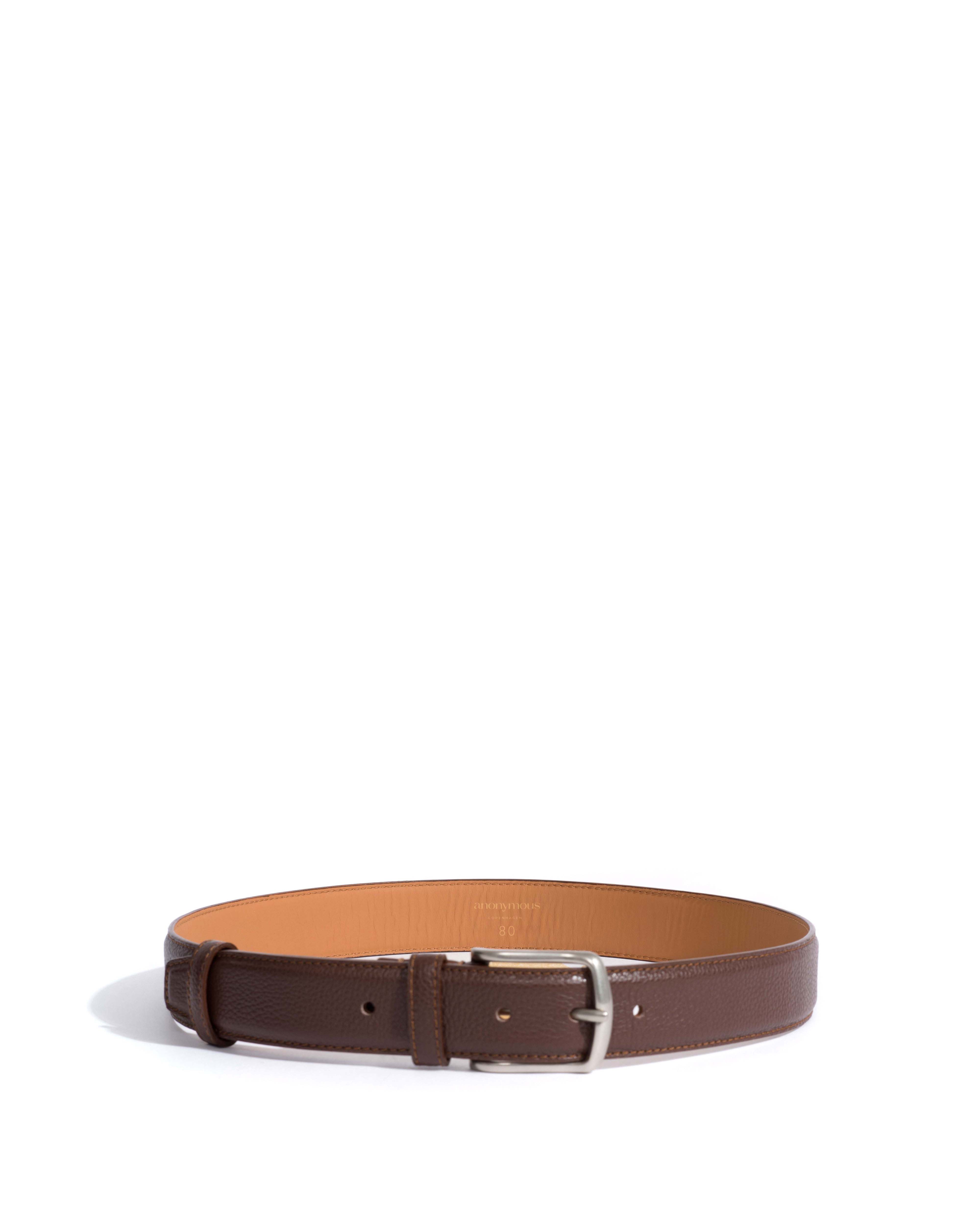 Quinn classic unisex leather belt Pebbled soft calf & metal Coffee brown & silver buckle