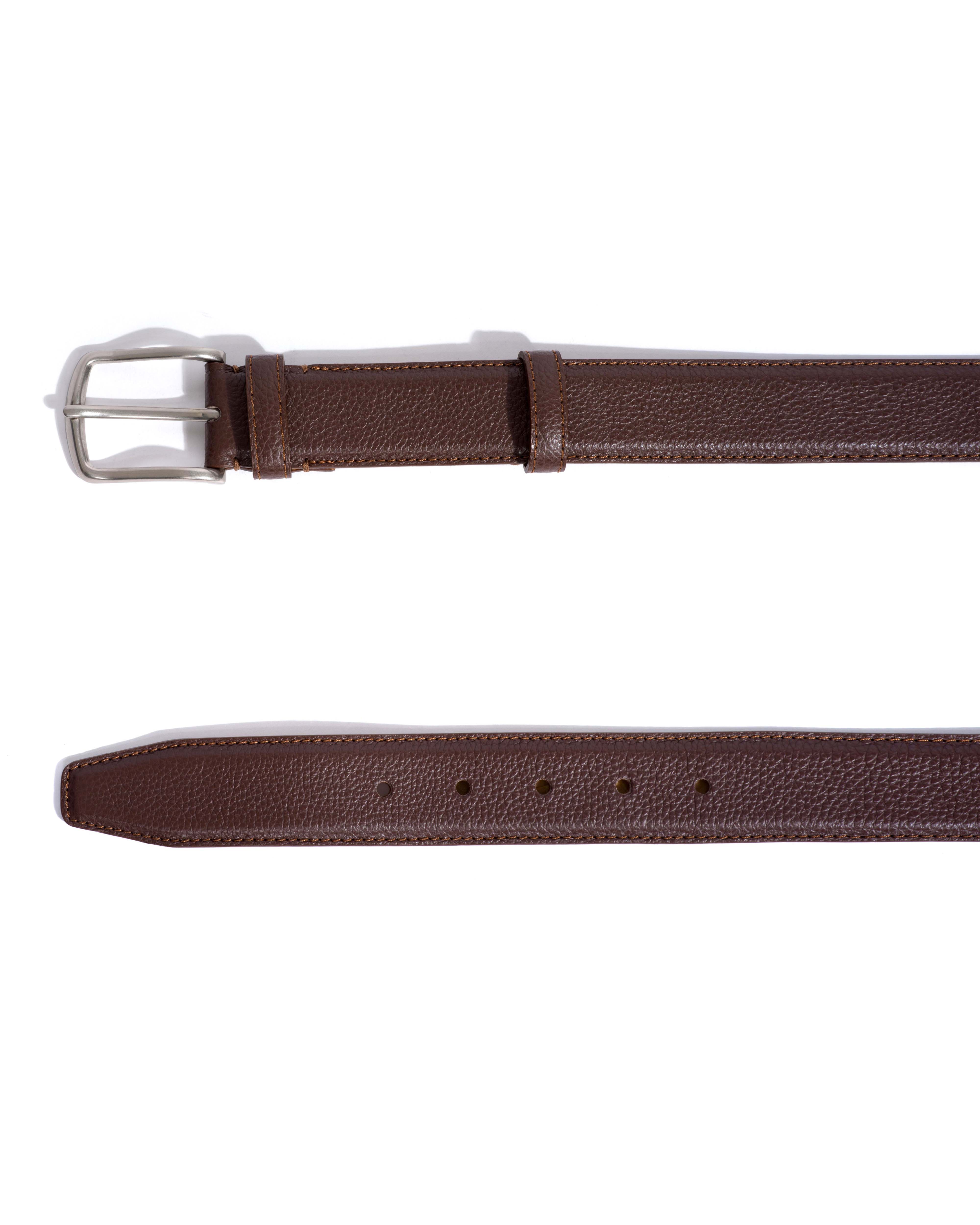 Quinn classic unisex leather belt Pebbled soft calf & metal Coffee brown & silver buckle