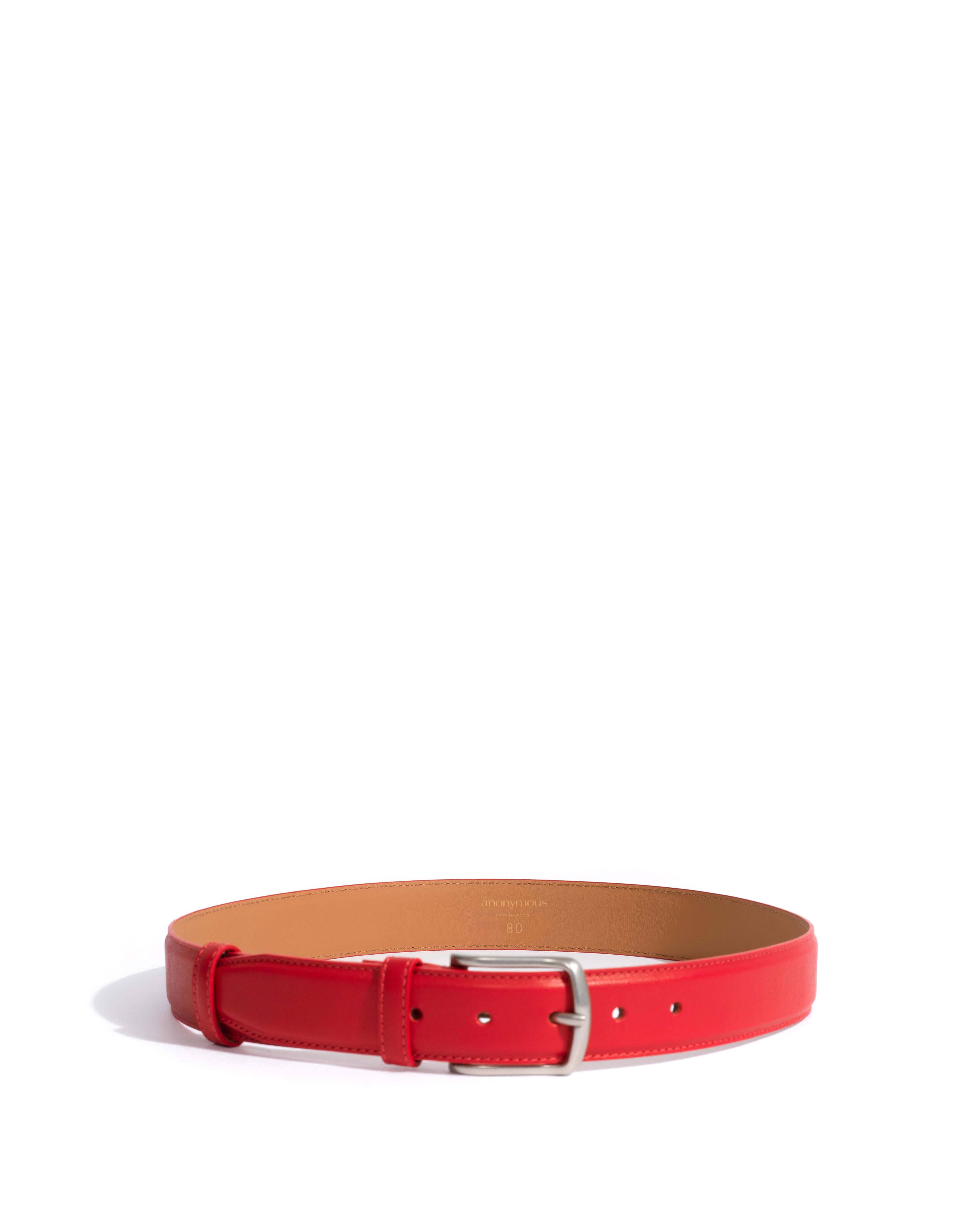 Quinn classic unisex leather belt Soft calf & metal Ruby red & silver buckle