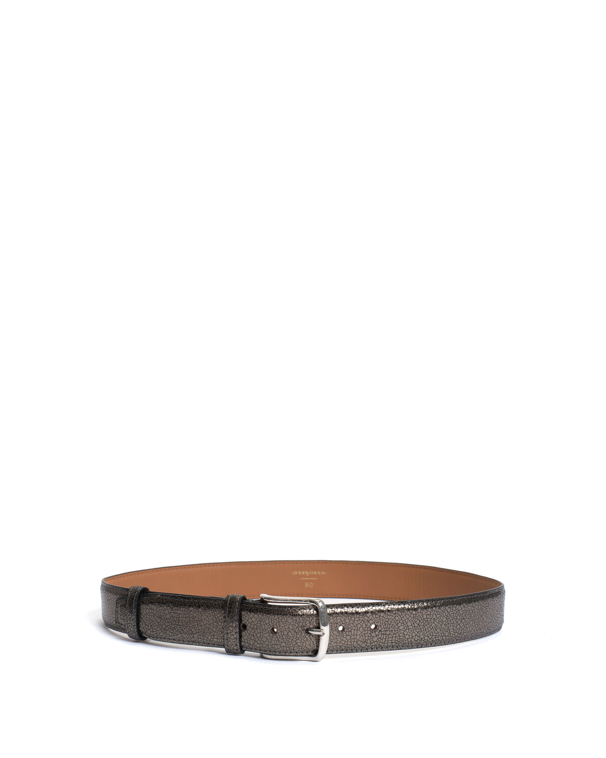 Quinn classic unisex leather belt Crackled metallic goat & metal Platinum & silver buckle