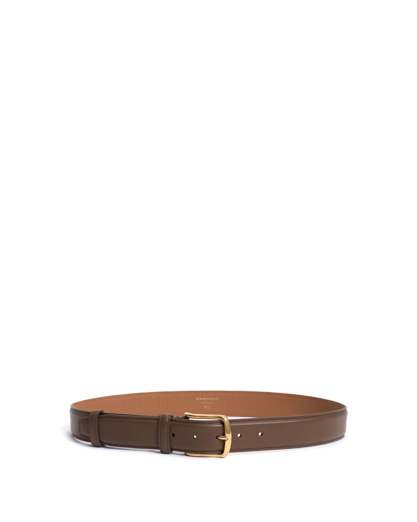 Quinn classic unisex leather belt Soft calf Dark taupe & gold buckle - Anonymous Copenhagen